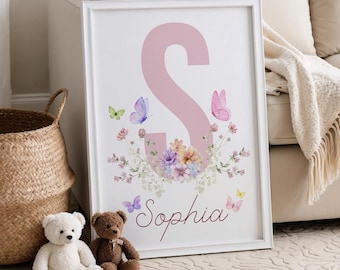 Custom Butterfly Name Print, Custom Name Print, Butterfly Print, Butterfly Nursery Print, Baby Girl Name Nursery, Butterfly and Flower Print