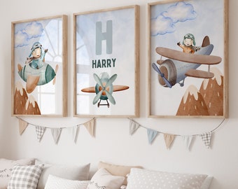 Stampe personalizzate per camerette a tema aereo, decorazioni murali per camerette per bambini, decorazioni per camerette a tema aereo, tema aereo, cameretta a tema aereo, cameretta per bambini, stampe a tema pilota