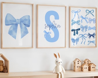 Blue Bows Print Set of 3, Bows Wall Art, Bows Nursery Decor, Blue Nursery Decor, Blue Coquette Print, Blue Kids Room Decor, Coquette Art
