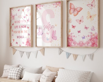 Juego de 3 impresiones de mariposas rosas, impresiones de mariposas para guardería, decoración de mariposas, impresiones de mariposas en acuarela, mariposas y flores, arte rosa para guardería