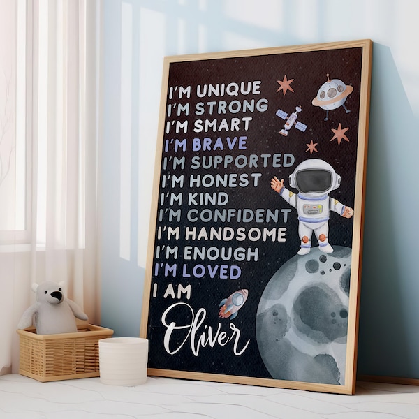 Personalized Affirmation For Kids Wall Art, Affirmation Print, Outer Space Nursery Print, Space Wall Art, Space Decor, Boys Nursery Print