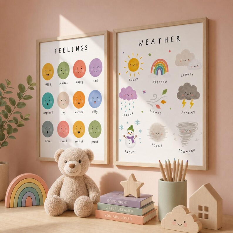 May include: Two framed educational posters, one labeled "Feelings" and the other "Weather", with illustrations. A plush teddy bear, wooden rainbow, star, books, pencils, and other decorative items are arranged in front of the posters.
