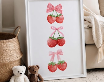 Erdbeere Print, Erdbeere Dekor, Erdbeer Nursery Print, Erdbeer Wand Dekor, Rosa Schleifen Print, Erdbeere Art, Schleifen Kindergarten Print