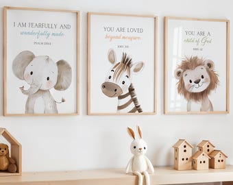 Bible Verse Nursery Wall Art, Christian Nursery Decor, Nursery Scripture Art, Neutral Nursery, Safari Nursery Prints, Safari Animal Prints