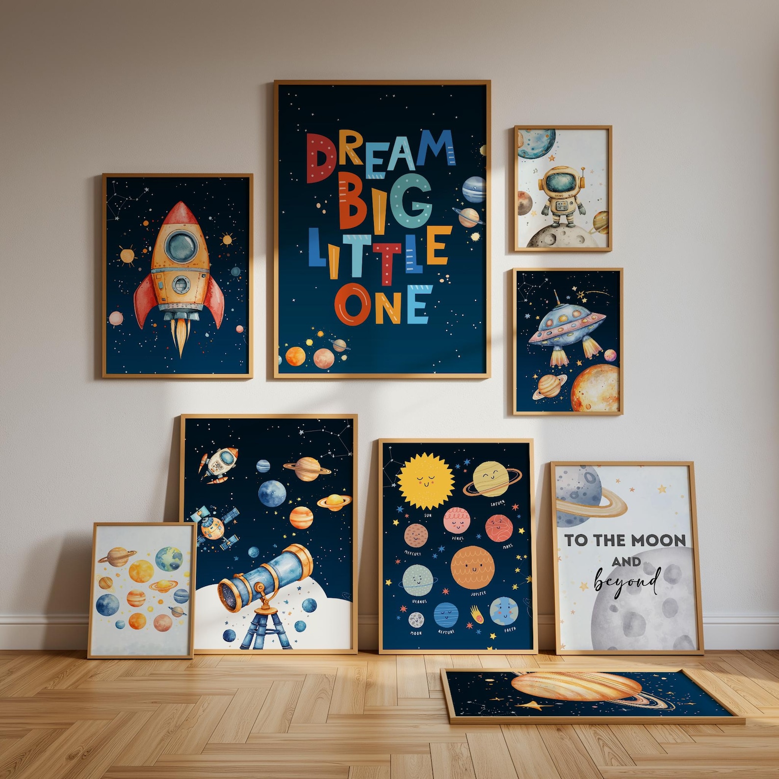 Outer Space Nursery Wall Art Set, Astronaut Rocket Planets Kids Room ...
