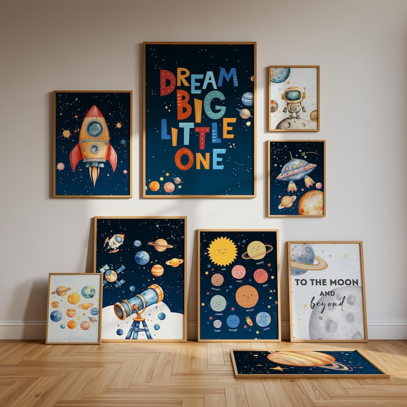 Outer Space Nursery Wall Art Set, Astronaut Rocket Planets Kids Room ...