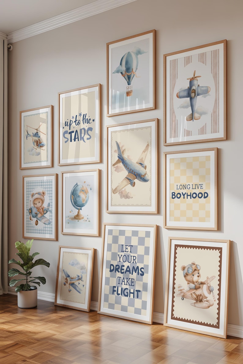 Aviation Nursery Wall Art Set of 20, Pilot Bear Airplane Prints, Baby ...
