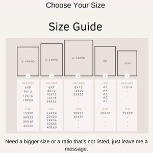 May include: A size guide for prints, showing different aspect ratios and sizes in inches and centimeters. The ratios are 3:4, 2:3, 4:5, and ISO. The sizes are 6x8, 9x12, 12x16, 18x24, 6x9, 8x12, 10x15, 12x18, 24x36, 8x10, 16x20, 24x30, A5, A4, A3, A2, A1, 11x14, 15x20, 24x32, 30x40, 45x60, 16x24, 20x30, 24x36, 30x45, 40x60, 20x25, 40x50, 50x70, 22x28.