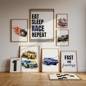 May include: A collection of framed wall art with a racing theme. The art includes watercolor illustrations of race cars, a flaming tire, checkered flags, and the phrases "Eat Sleep Race Repeat" and "Fast and Fearless."