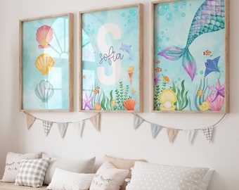 Mermaid Print Set of 3, Mermaid Nursery Print, Girls Mermaid Decor, Girl Nursery Decor, Mermaid Wall Art, Under The Sea Kids Room, Mermaid