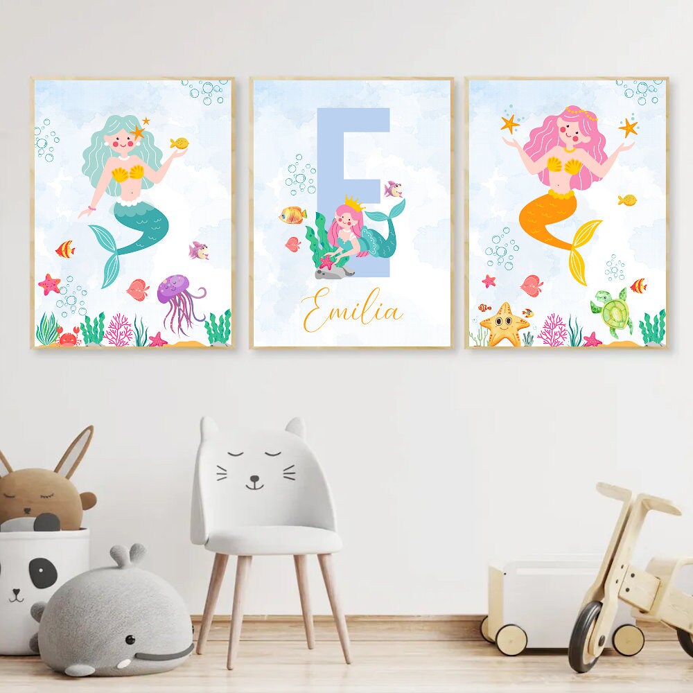 Personalized Mermaid Nursery Prints, Mermaid Print Set; Under the Sea ...