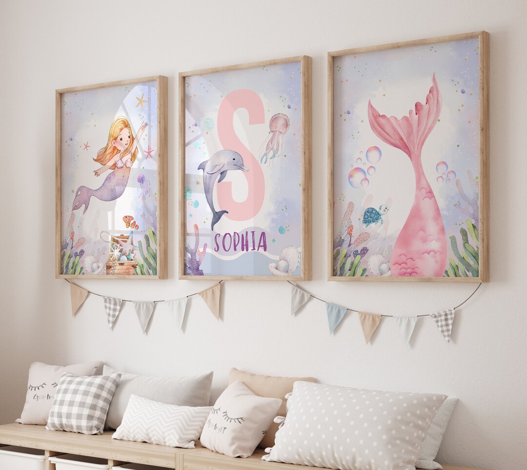 Personalized Mermaid Nursery Prints, Mermaid Wall Decor, Dolphin ...