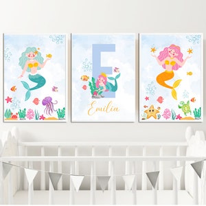 Personalized Mermaid Nursery Prints, Mermaid Print Set; Under the Sea ...