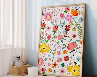 Bunter Blumendruck, Blumenwandkunst, rosa Blumendruck, Blumenkindergartendruck, Blumenwandkunst, bunte Blumenkindergarten, Blumen Poster