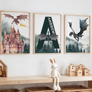 Personalized Dragon Nursery Prints, Dragon Nursery Decor, Mythical Creatures, Castle and Dragon Wall Print, Boys Room Decor, Dragon Print