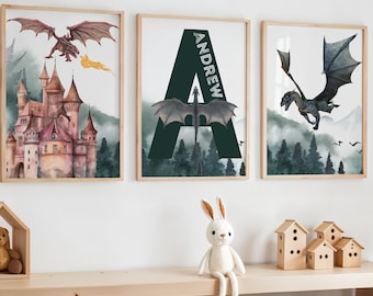Personalized Dragon Nursery Prints, Dragon Nursery Decor, Mythical Creatures, Castle and Dragon Wall Print, Boys Room Decor, Dragon Print