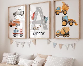 Láminas de transporte personalizadas para habitación infantil, camiones y coches para habitación infantil, láminas de coches, decoración de camiones, láminas de camiones de bomberos, láminas de camiones