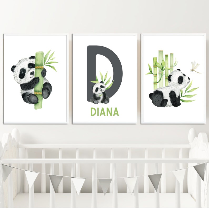 May include: Three watercolor prints featuring a panda bear, the letter D, and a panda bear with bamboo. The letter D is in gray and the name Diana is written in green below the letter. The prints are perfect for a nursery or child's room.