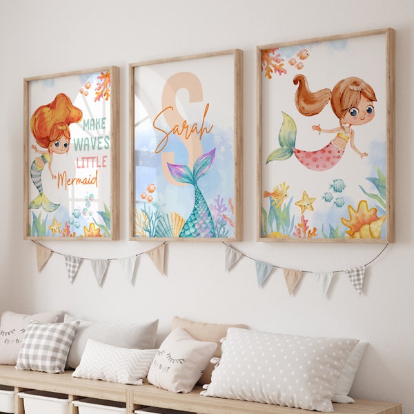 Personalized Mermaid Print Set, Mermaid Nursery Print, Girls Mermaid Decor, Under The Sea Kids Room, Girl Nursery Decor, Mermaid Wall Art