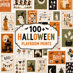 May include: A collection of over 100 Halloween-themed digital prints featuring ghosts, pumpkins, haunted houses, and bats in orange, black, and green. The central label reads 100+ HALLOWEEN PLAYROOM PRINTS with small bat illustrations on the sides.