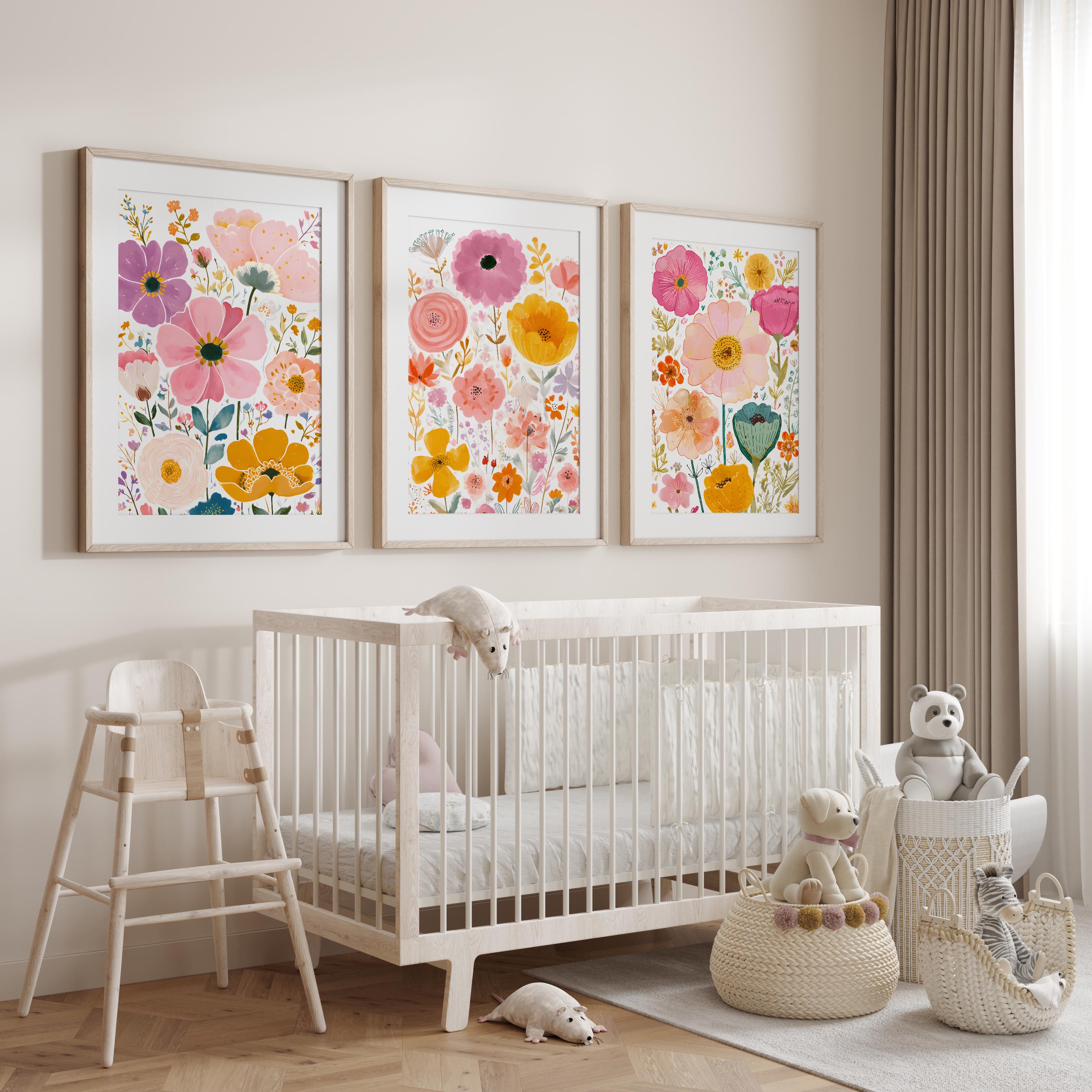 Floral Nursery Wall Art Set of 3, Pink Flower Nursery Prints, Floral ...