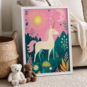 Unicorn Nursery Wall Art, Pink and Teal Magical Forest Print, Girls Room Decor, Dreamy Pastel Unicorn Poster, Fairy Tale Nursery Decor