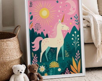 Unicorn Nursery Wall Art, Pink and Teal Magical Forest Print, Girls Room Decor, Dreamy Pastel Unicorn Poster, Fairy Tale Nursery Decor