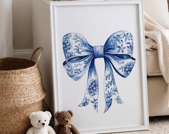 Blue Bow Wall Art, Blue Bow Print, Blue Bow Art, Blue Bow and Flowers Print, Bow Art, Blue Coquette Print, Coquette Art, Bow Wall Decor