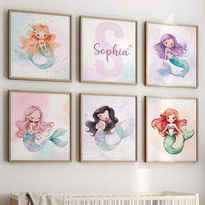 Set of 6 Mermaid Nursery Prints, Mermaid Girls Room Decor, Sea Princess Print, Ocean Themed Room, Under the Sea Art, Blue Pink Nursery Decor