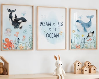 Ocean Prints, Ocean Nursery Prints, Ocean Decor, Ocean Kids Room Decor, Dream As Big As The Ocean, Under The Sea Print, Sea Animal Prints