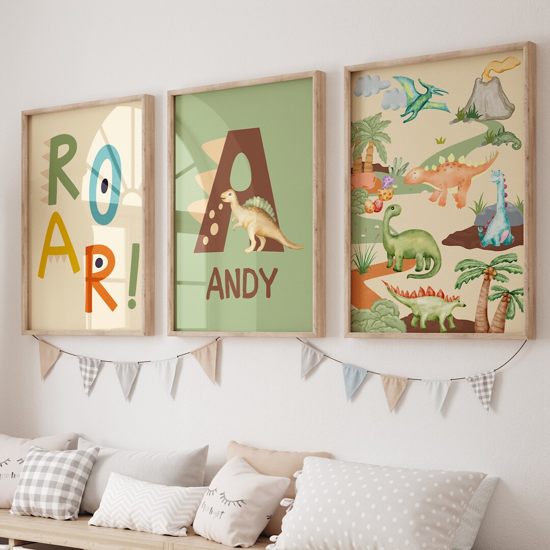 Dinosaur Nursery Print Set, Dinosaur Kids Bedroom Prints, Boys Dino ...