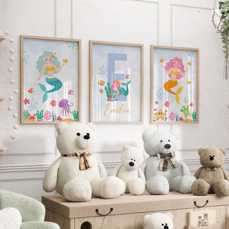 Personalized Mermaid Nursery Prints, Mermaid Print Set; Under the Sea ...