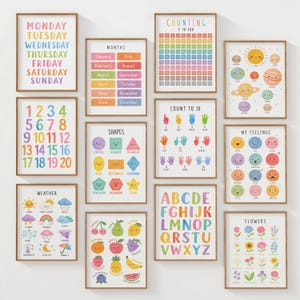 May include: A collection of framed educational posters with colorful illustrations. Posters include days of the week, months, numbers, shapes, counting, weather, the alphabet, feelings, flowers, and planets. Each poster has a wooden frame.