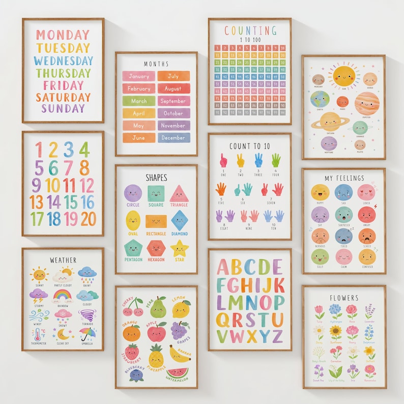 May include: A collection of framed educational posters with colorful illustrations. Posters include days of the week, months, numbers, shapes, counting, weather, the alphabet, feelings, flowers, and planets. Each poster has a wooden frame.