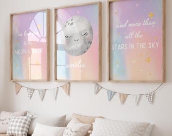Moon and Stars Nursery Print, We Love You To The Moon And Back Print, Moon and Stars Print, Girls Room Print, Pink Nursery Decor, Moon Print