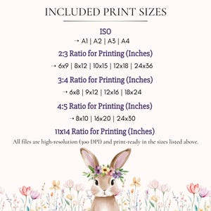 May include: A digital print featuring a watercolor illustration of a bunny wearing a floral crown, with a list of included print sizes in inches: 6x9, 8x12, 10x15, 12x18, 24x36, 6x8, 9x12, 12x16, 18x24, 8x10, 16x20, 24x30, and 11x14.