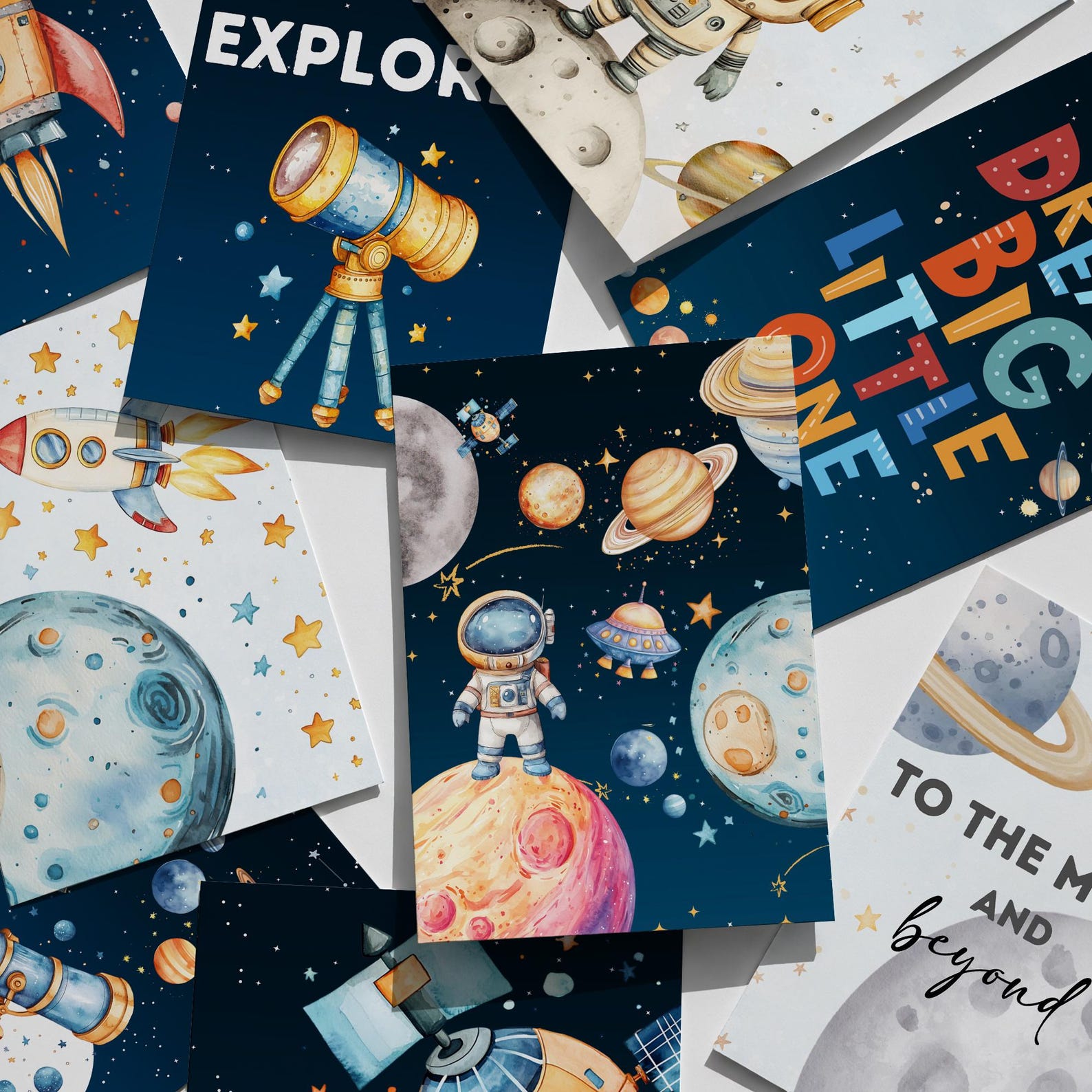 Outer Space Nursery Wall Art Set, Astronaut Rocket Planets Kids Room ...