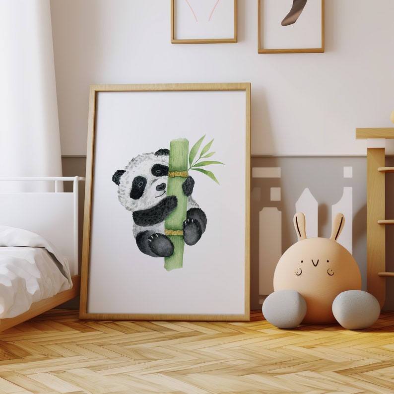 May include: A watercolor illustration of a black and white panda bear climbing a green bamboo stalk. The panda is holding onto the stalk with its paws and has a cute, playful expression on its face.