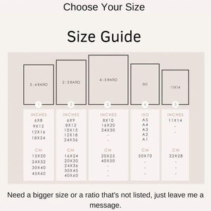 May include: A size guide for prints with different aspect ratios and sizes. The guide shows the dimensions in inches and centimeters for each size. The sizes include 6x8, 9x12, 12x16, 18x24, 6x9, 8x12, 10x15, 12x18, 24x36, 8x10, 16x20, 24x30, A5, A4, A3, A2, A1, 11x14.