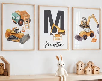 Kids Construction Truck Prints Set 3, Construction Print, Truck Playroom Theme, Boys Bedroom Decor, Vehicle Prints, Custom Baby Boy Name