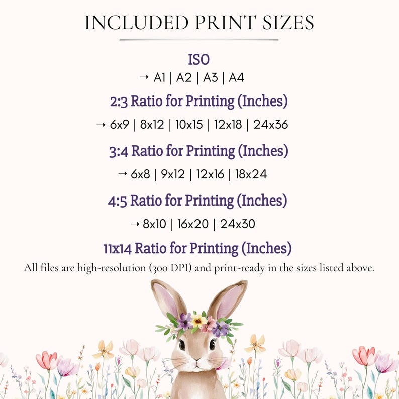 May include: A print size guide with text listing various print ratios and sizes in inches, including 6x9, 8x12, and 24x36. A watercolor illustration of a bunny wearing a floral crown is at the bottom.