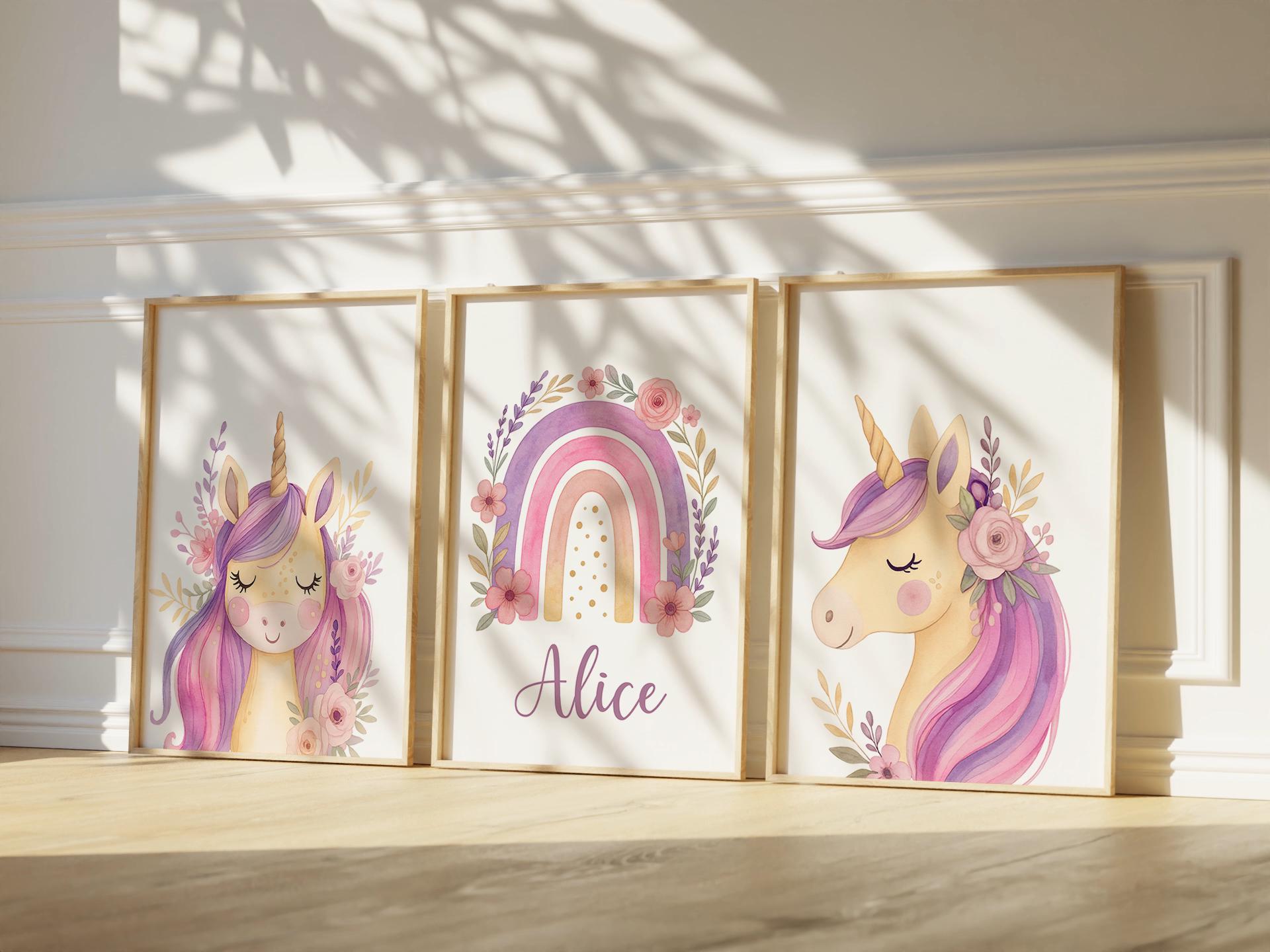 パープルユニコーンの保育園プリント、ユニコーンの女の子の寝室の装飾