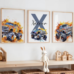 Personalized Monster Truck Wall Art Set , Boys Room Decor, Nursery Truck Poster, Monster Car Prints, Watercolor Truck Wall Print, Car Decor