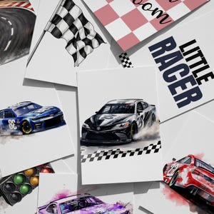 May include: A collection of watercolor-style prints featuring race cars, a checkered flag, and a racetrack. The prints showcase various car designs in vibrant colors, with the words "LITTLE RACER" visible on one print.