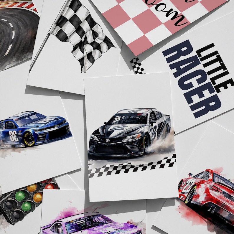 May include: A collection of watercolor-style prints featuring race cars, a checkered flag, and a racetrack. The prints showcase various car designs in vibrant colors, with the words "LITTLE RACER" visible on one print.