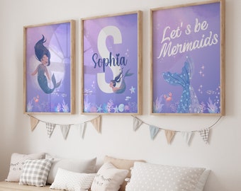 Personalized Mermaid Print Set, Mermaid Nursery Print, Girls Mermaid Decor, Lets Be Mermaids, Girl Nursery Decor, Mermaid Wall Art, Mermaid