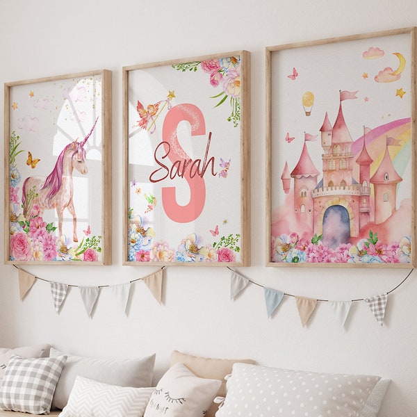 Personalized Princess Nursery Prints, Princess Wall Decor, Unicorn Nursery Print, Girls Bedroom Prints, Princess Wall Art, Unicorn Wall Art
