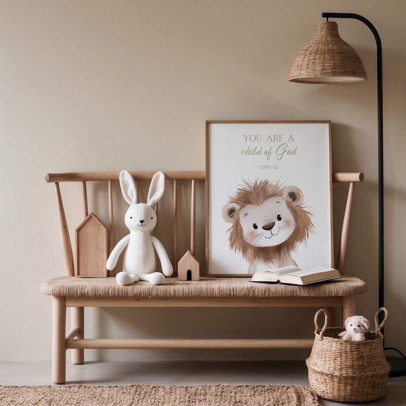 May include: A wooden bench with a white stuffed bunny and a framed print with a lion illustration and the text "You are a child of God, John 1:12".