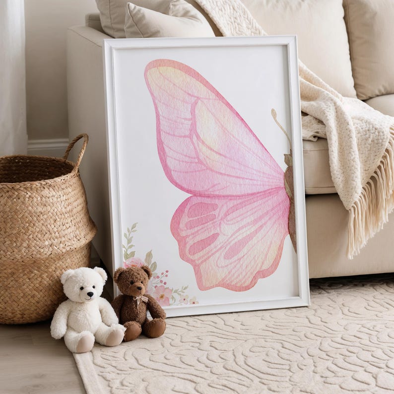 Lámina personalizada de mariposa rosa para guardería, arte mural de mariposas, flores y mariposas rosas, lámina de flores silvestres, decoración de mariposas, arte floral para guardería imagen 6