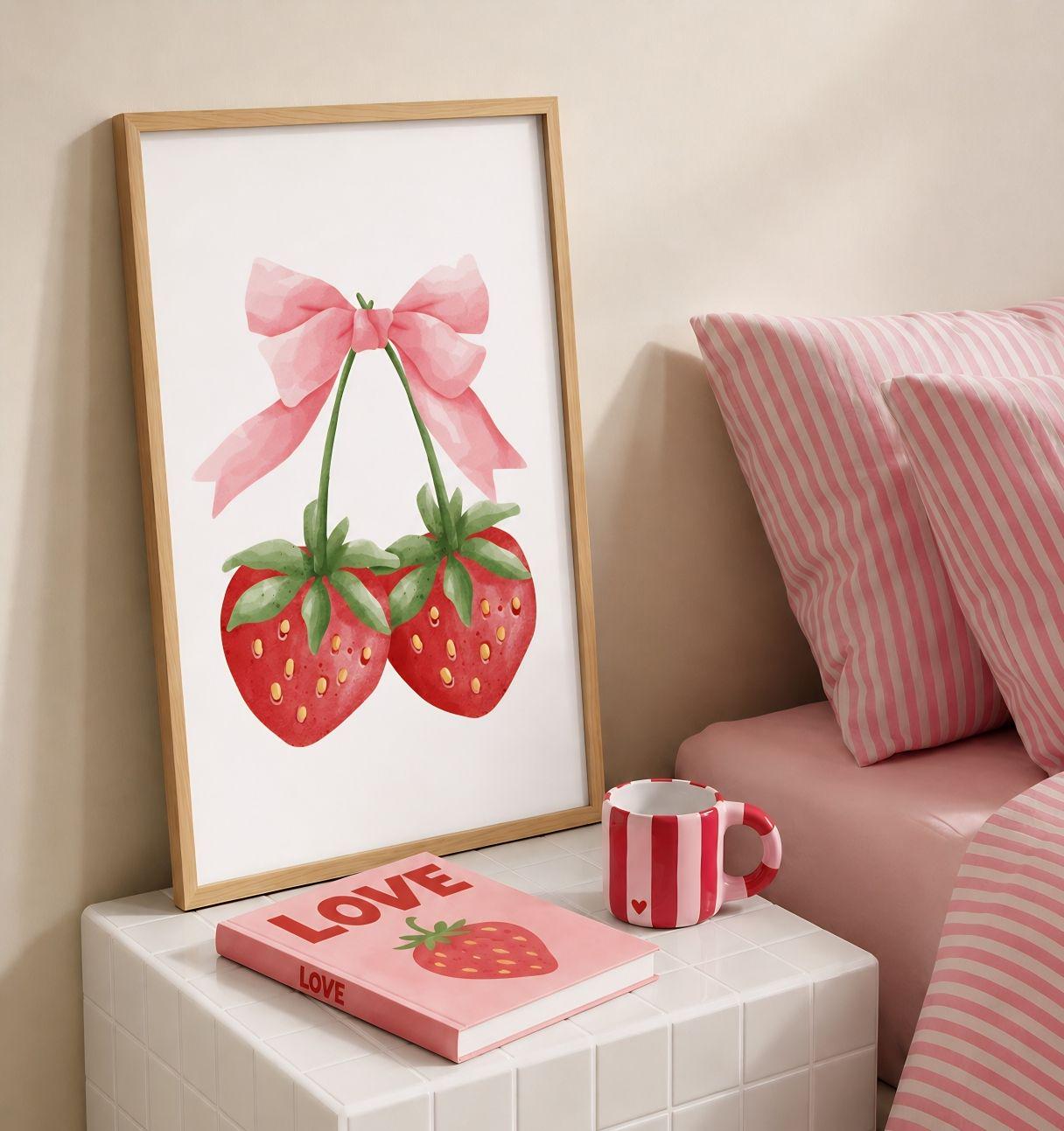 Strawberry Nursery Print Set, Coquette Girly Room Decor, Pink Bow